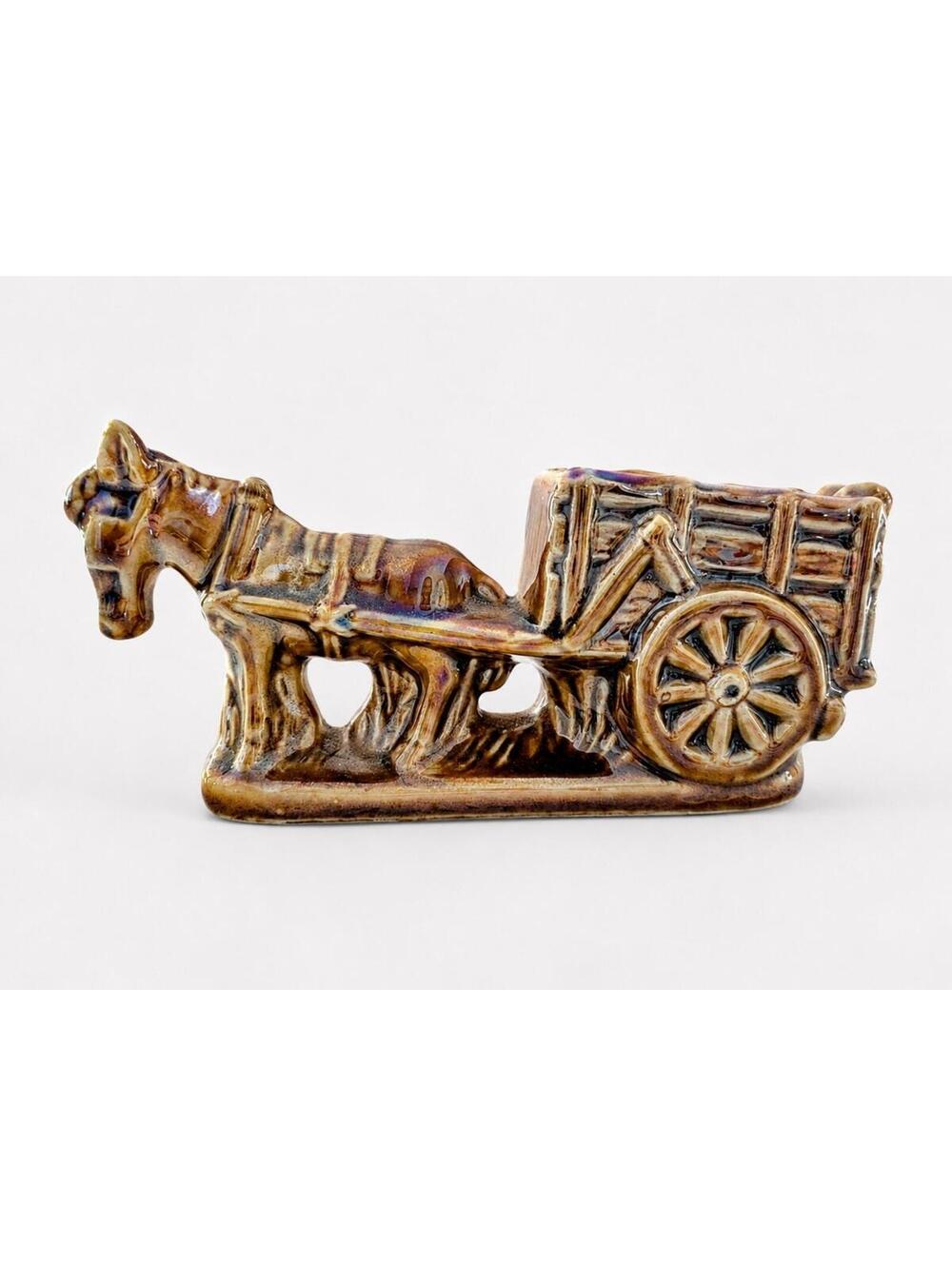 Vintage Horse Wagon Ashtray Brown Drip Glaze Ceramic Mid Century Decor Brazil